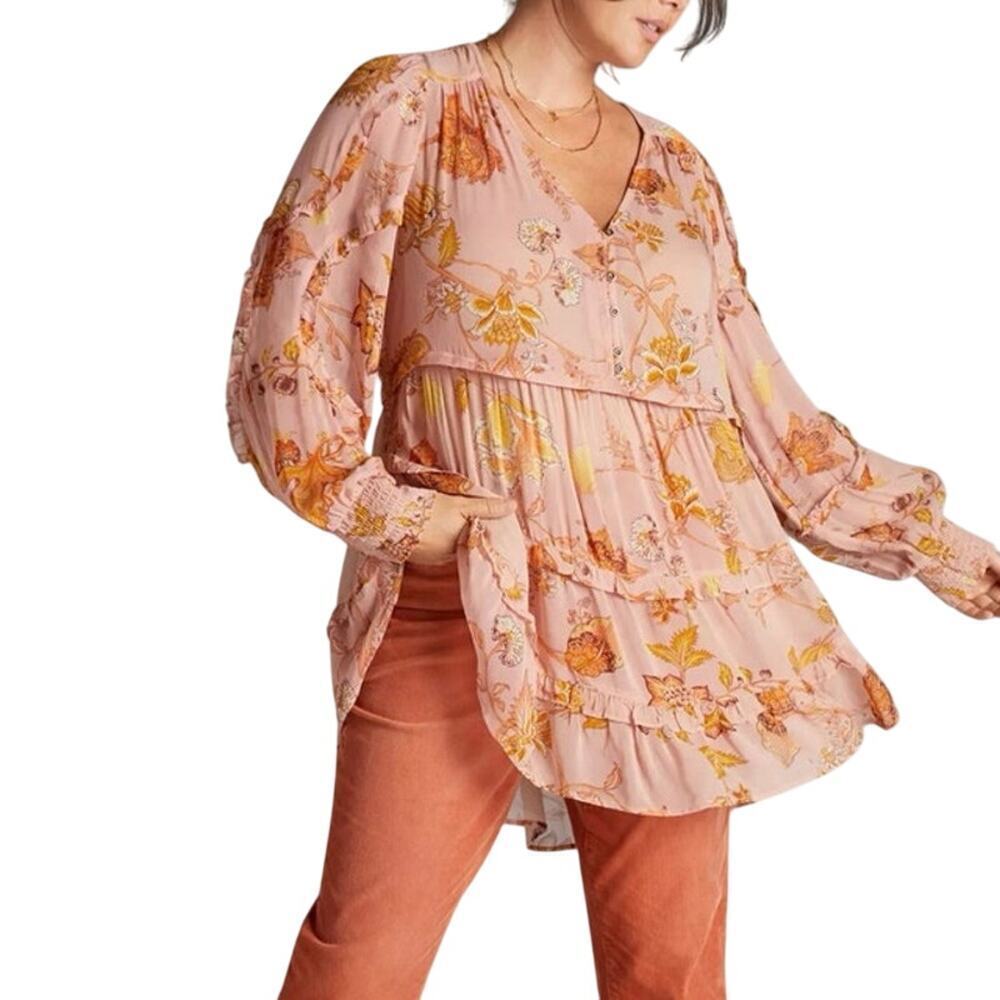 Anthropologie Sheer Ruffled Tunic Blouse Women’s Size 1X Plus Floral Lightweight